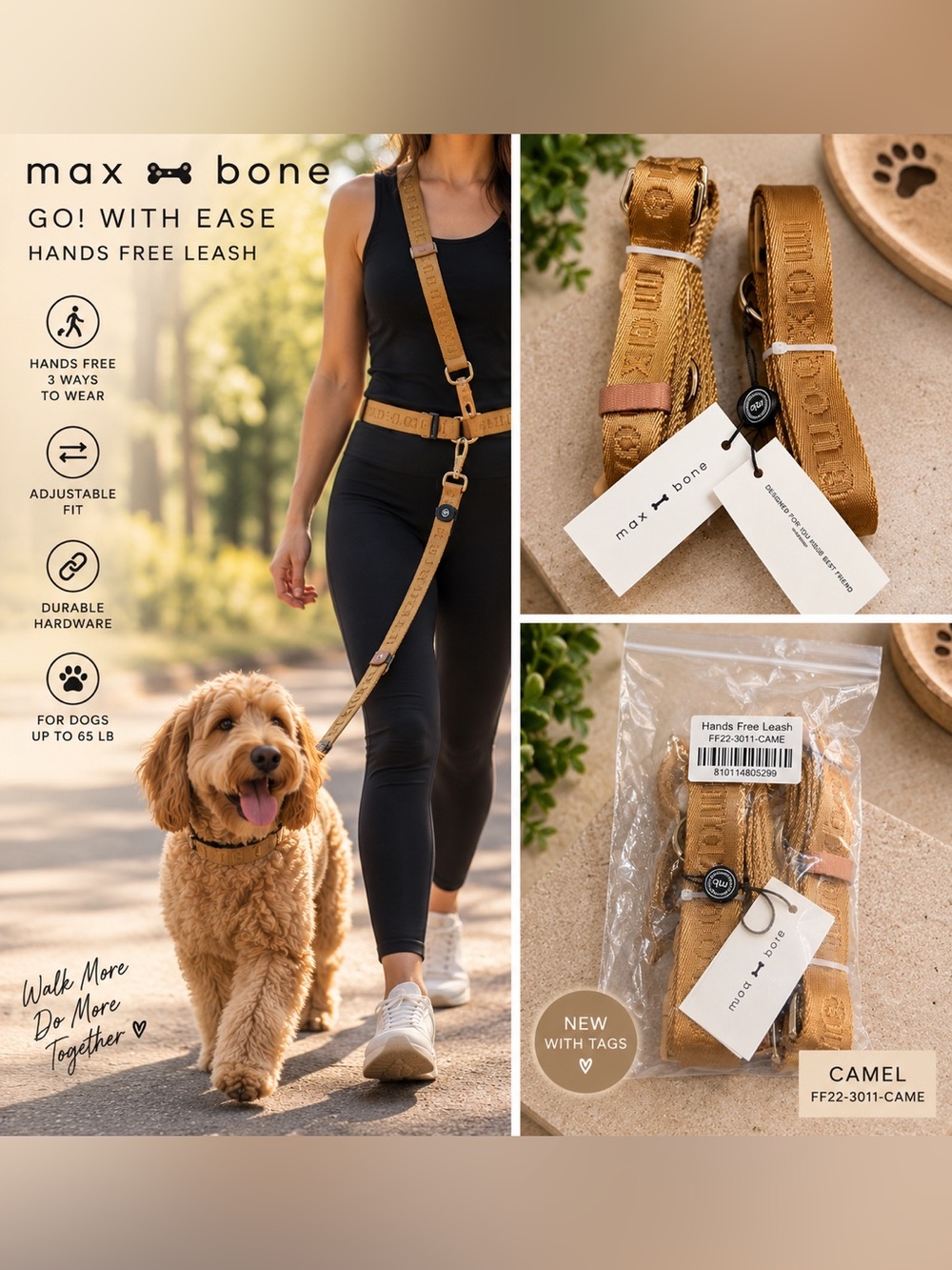 NWT Maxbone GO! With Ease Hands Free Dog Leash Camel 3-in-1